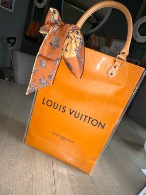 Louis Vuitton Orange shopping Tote with unbranded Floral Scarf Accent